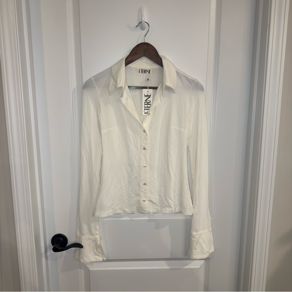 Eterne Charlie Top Matte Jersey Button Down in Ivory - Picture 6 of 14